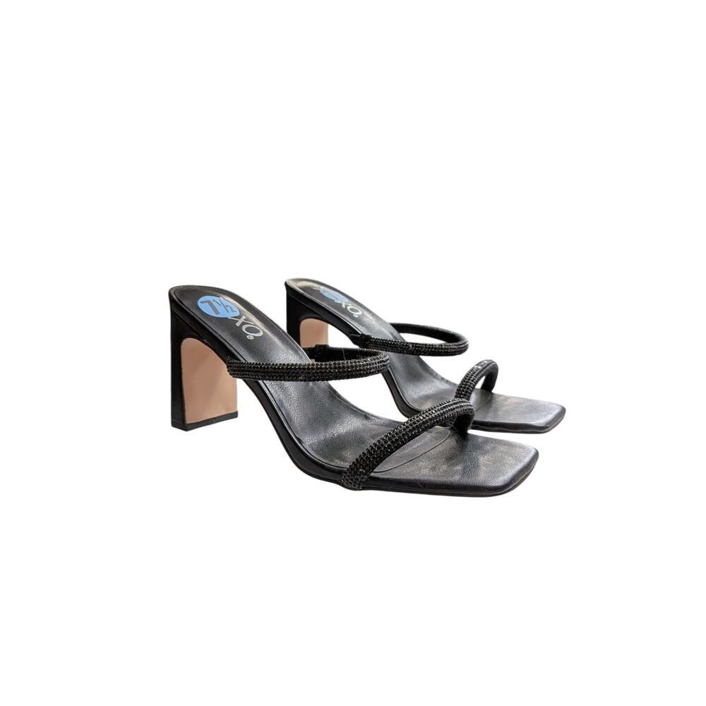 XOXO Rhinestone Strappy Heels Size 7.5 Black Mule Y2K Minimalist Y2K Mules